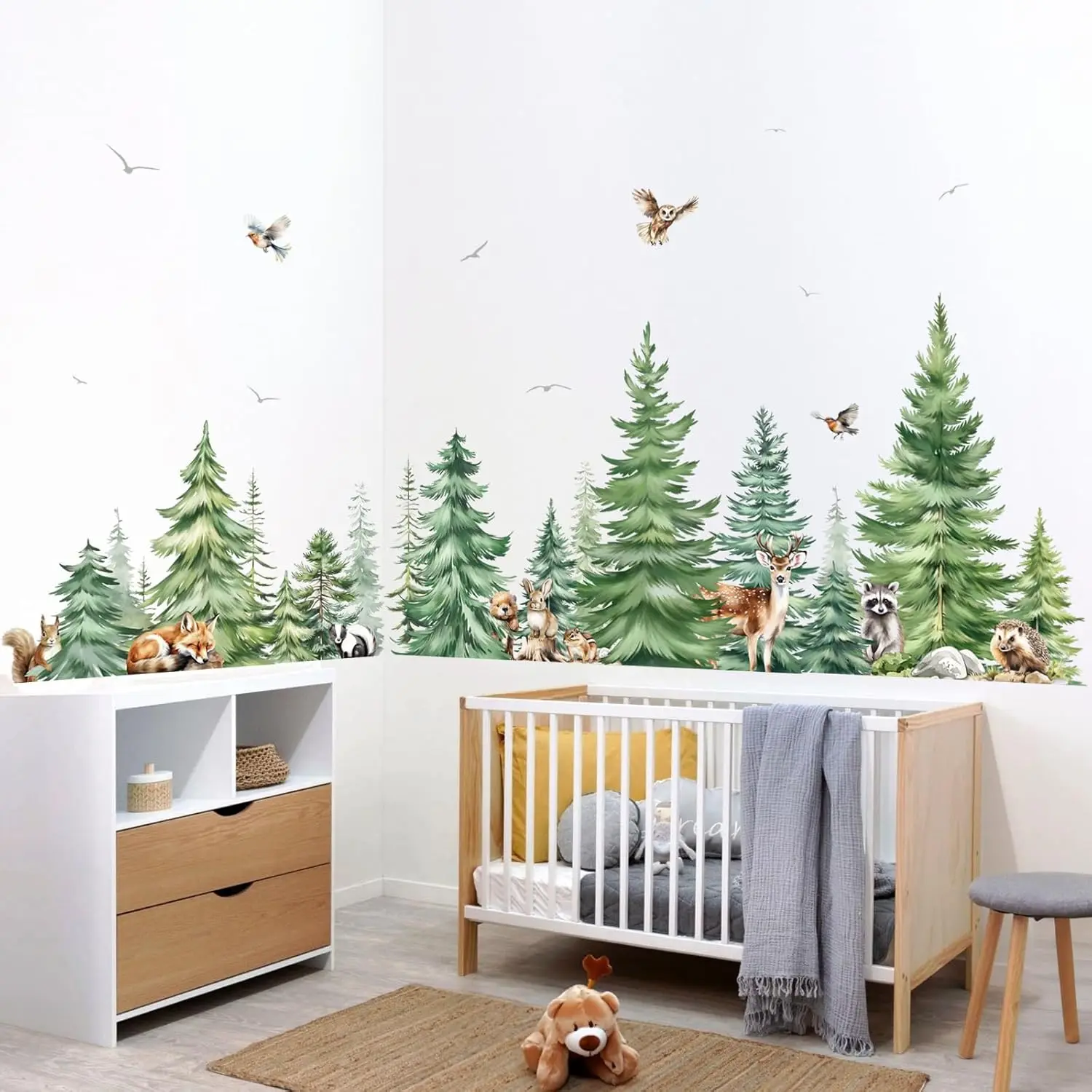 Large Watercolor Pine Tree Animals Wall Stickers Kids Room Bedroom Woodland Forest Tree Fox Deer Bear Wall Decals Baby Nursery view 3