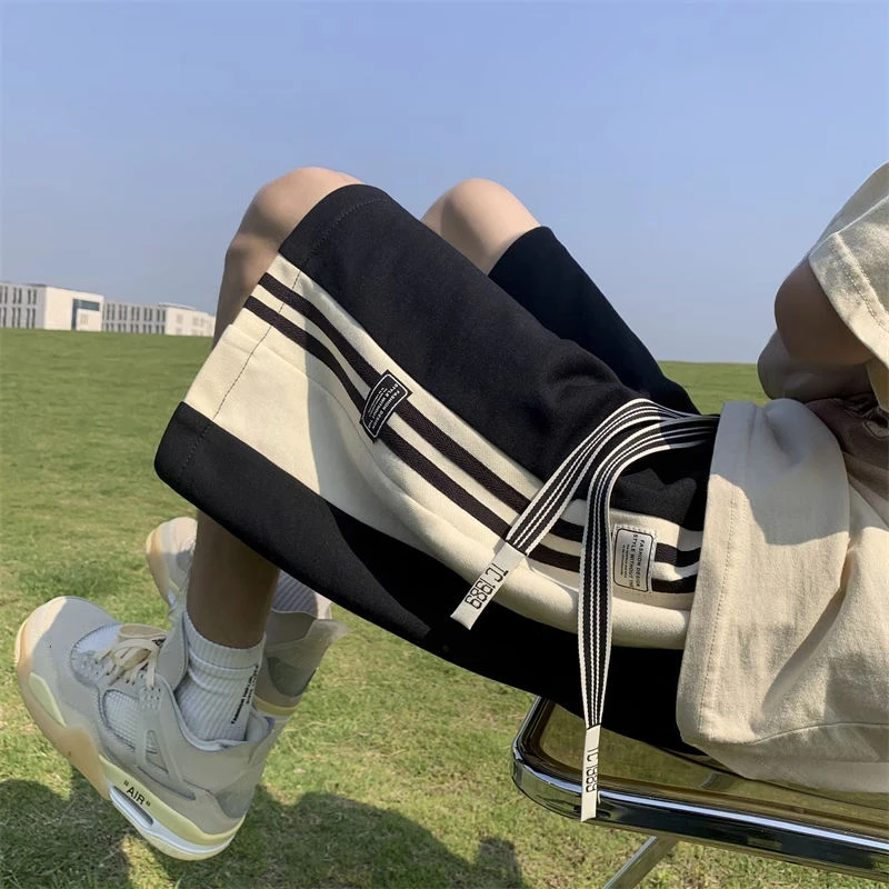 Korean striped sports shorts men summer heavyweight sweatpants oversize casual simple college style y2k couple basketball pants