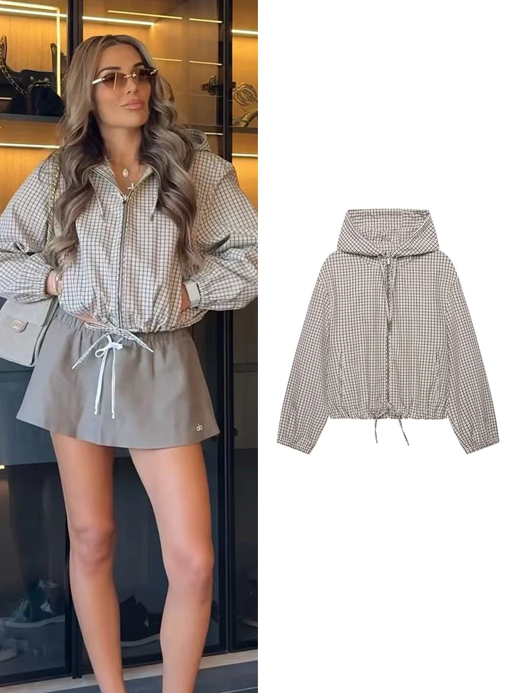 TFMLN Neue Damen-Kapuzenjacken, Lässige Karierte Windjacken mit Kordelzug am Saum, Leichte Vintage-Chic Damen-Herbst-Streetwear