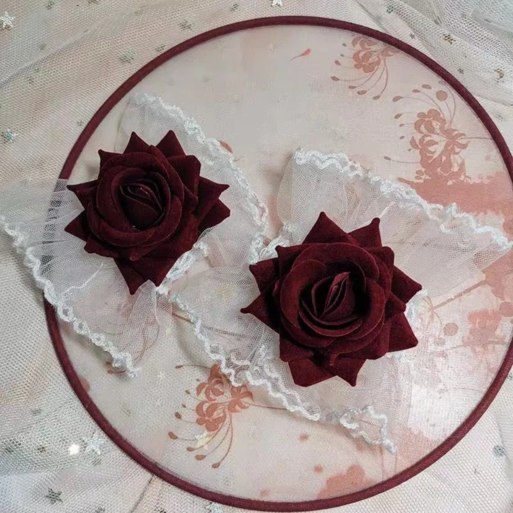 New Red Rose Lace Wristbands Lolita Elastic Band Gothic Cosplay Bracelets Black Ruffled Flower Wrist Cuffs For Women