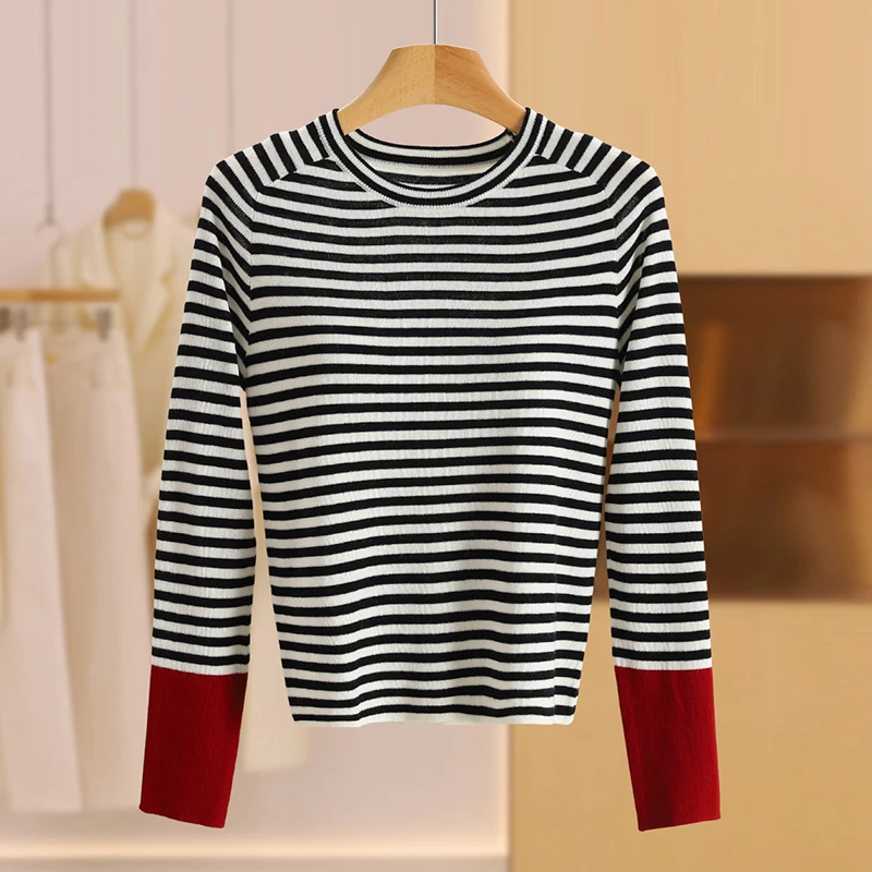 

ort Svel круглый свитер Ne в полоску Long Sve YAO Commute Sle Slim Fit из полиэстера, шерсти и нейлона, зимний женский топ