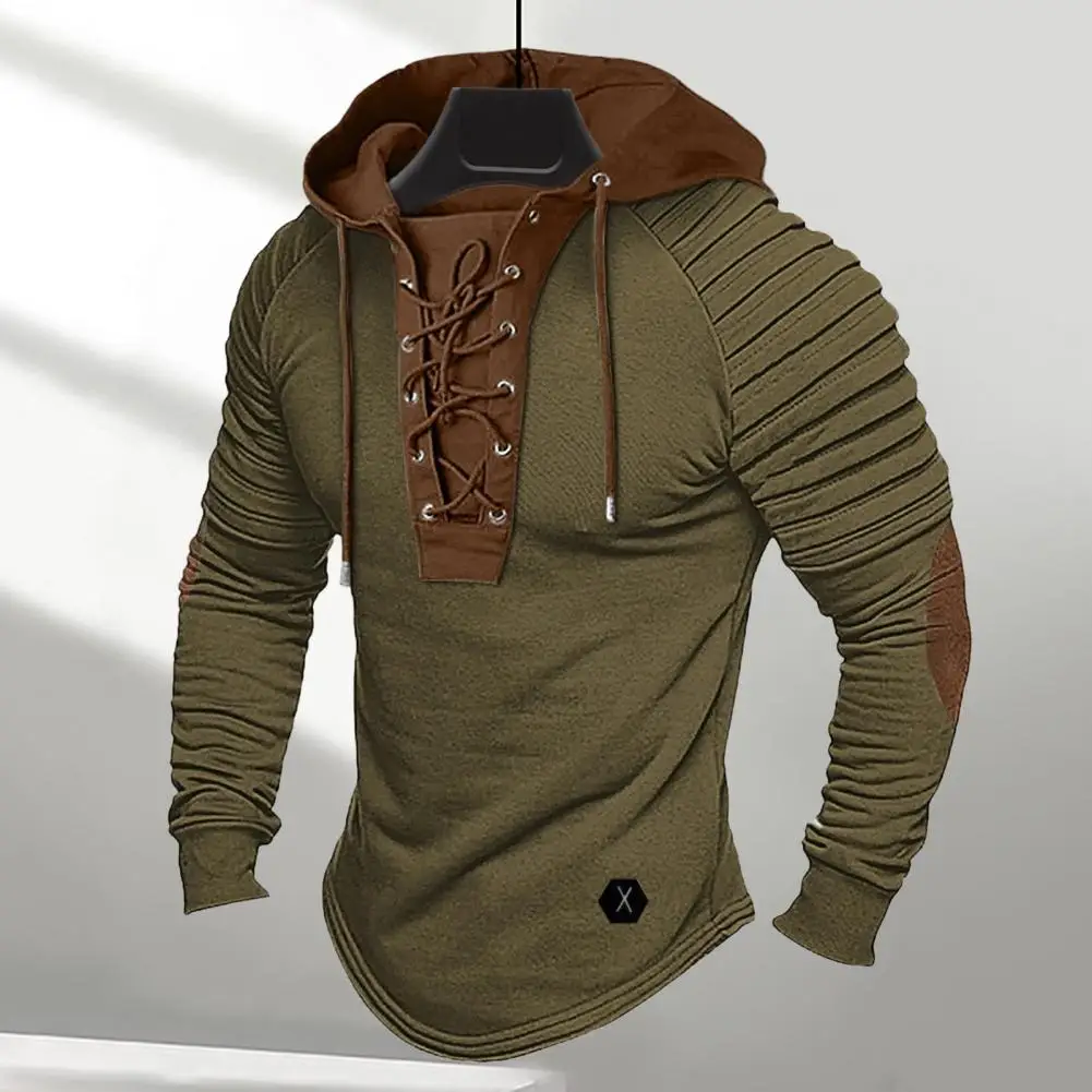 2025 Men Hoodie Colorblock Pleated Shoulder Drawstring Casual Sweatshirt For Men Long Sleeve Lace-up Retro Pullover Sport Hoodie