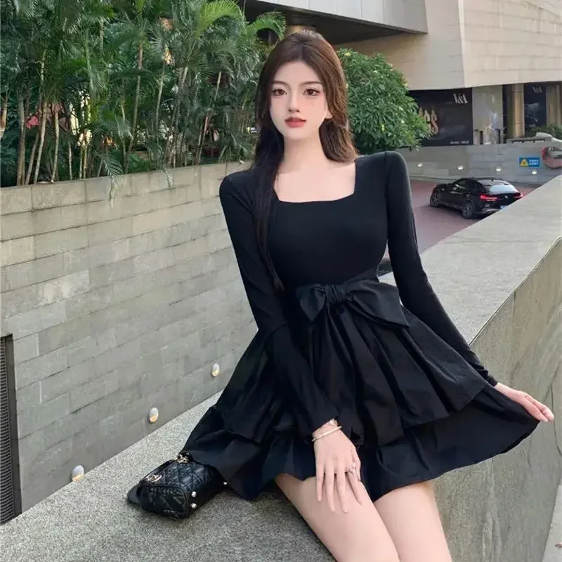 New In Splicing Black Female Dress Curvy Elastic Full Aesthetic High Quality Women\'s Long Sleeve Dresses Luxury Clothes Harajuku