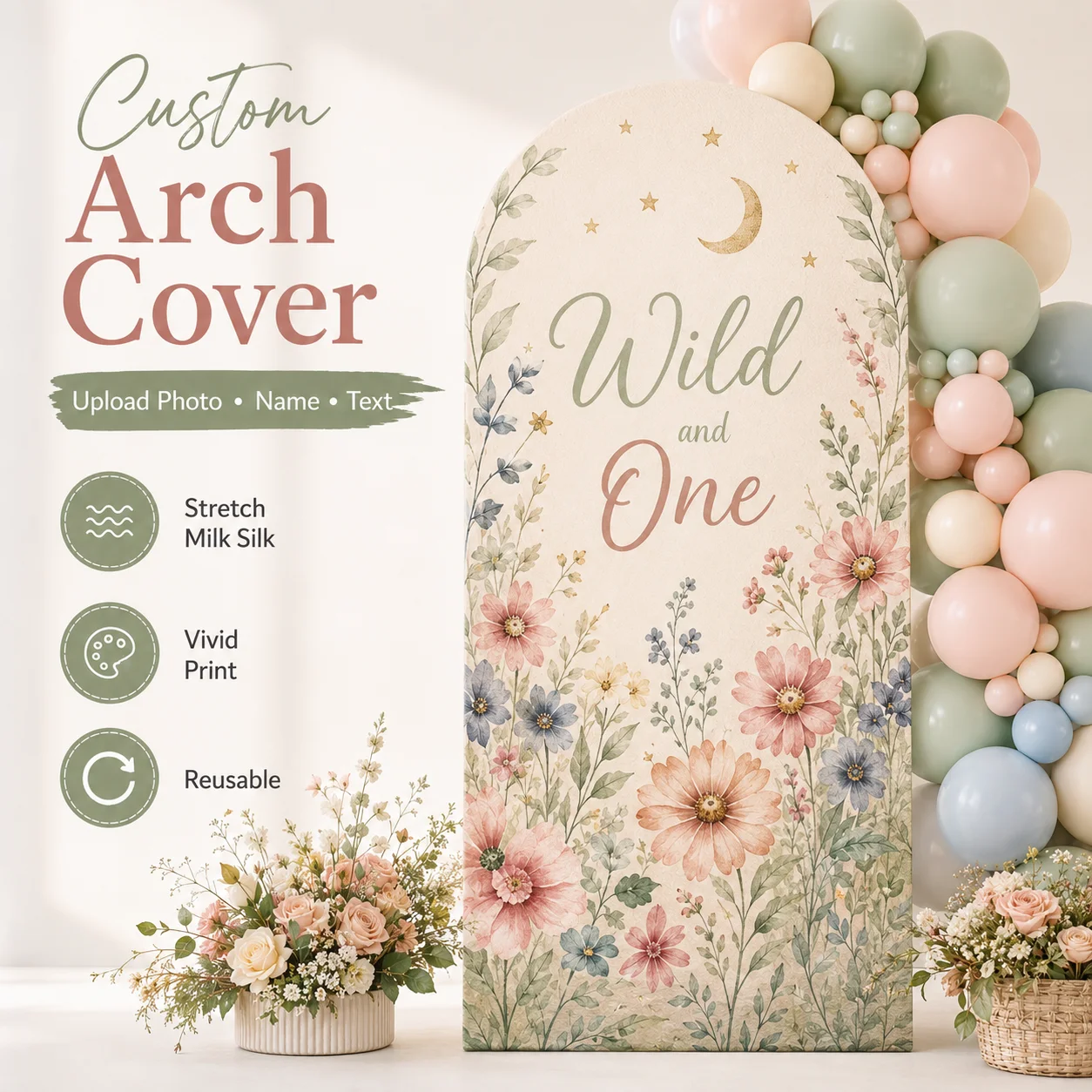 Custom Milk Silk Arch Cover Personalized Photo Text Printing Stretch Fabric Backdrop for Wedding Birthday Party Decoration Prop