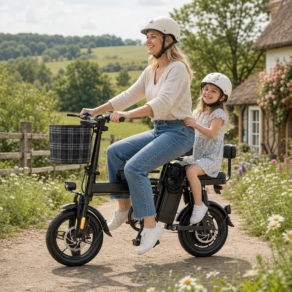 14 Inch Dual Seat Folding Electric Bike 48V Long Range Ebike with Basket LED Headlight Anti-Slip All Terrain Portable Electric Bicycle for Adult Family Commute
