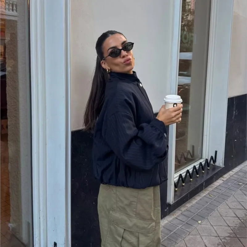 HipSeam krijtstreep bomberjack herfst dames casual hoge kraag lange mouwen jassen los met zakken chique vrouwelijke tops