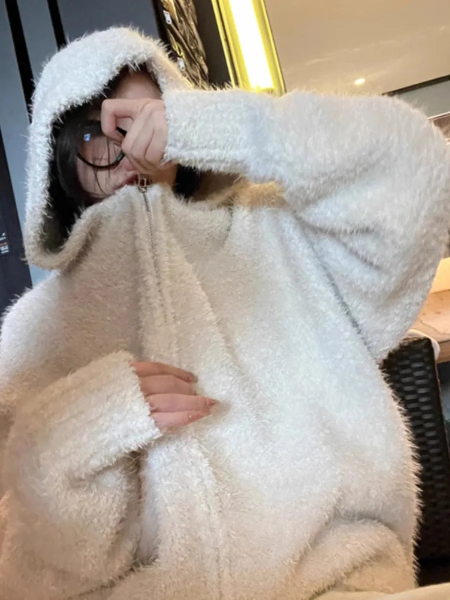 

Autumn Winter Thiened Knitted Zipper Cardigan Women's Loose Lazy Sle Slimming Hoodie Sweater Outerwear Casual Commute Sle