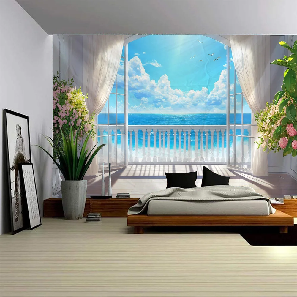 

3D balcony landscape waterfall tapestry wall hanging bohemian sea sky aesthetic room art decoration fabric large background wall