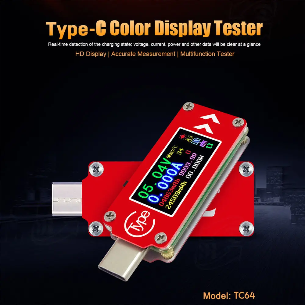 RD TC64 Type-C Color LCD USB Voltmeter Ammeter Voltage Current Meter Multimeter Battery PD Charge Power Bank USB Tester