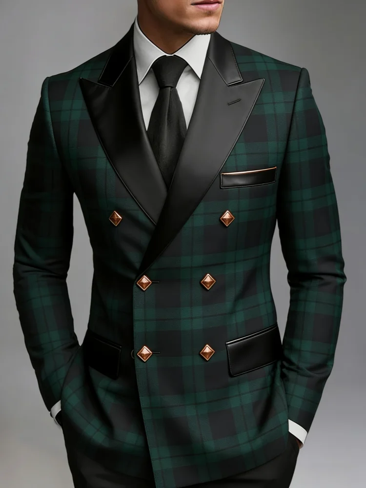 Men Slim‑Fit Tartan Plaid Blazer with Black Contrast Peak‑Lapel for Wedding Prom Club Events