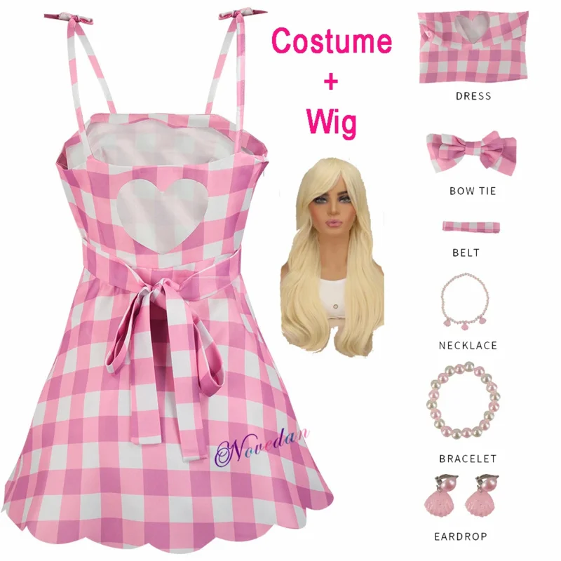 Cosplay Anime 2023 película Barbi disfraz mujeres niños niñas vestido de princesa rosa a cuadros Margot Robbie Cosplay ropa peluca Hallowe 72th