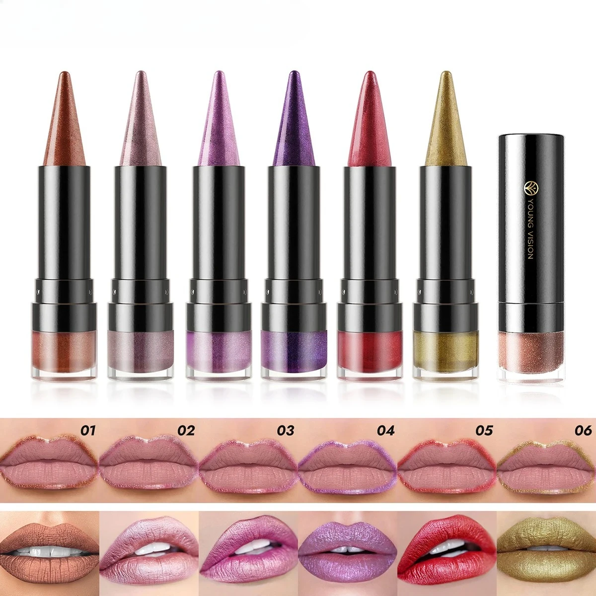 長持ちしやすい発色の良いノンスティックカップリップスティック6色マットパールファイングリッターダイヤモンド両用リップスティック