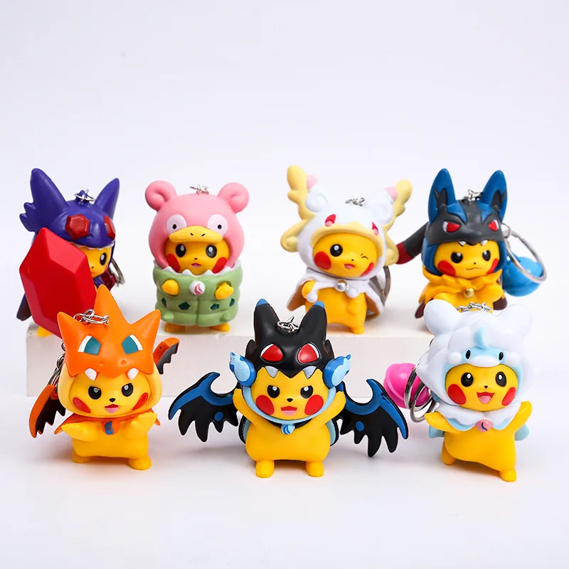 Pikachu gantungan kunci karakter kartun PVC, 7 buah/set gantungan kunci bel kecil 7.5cm