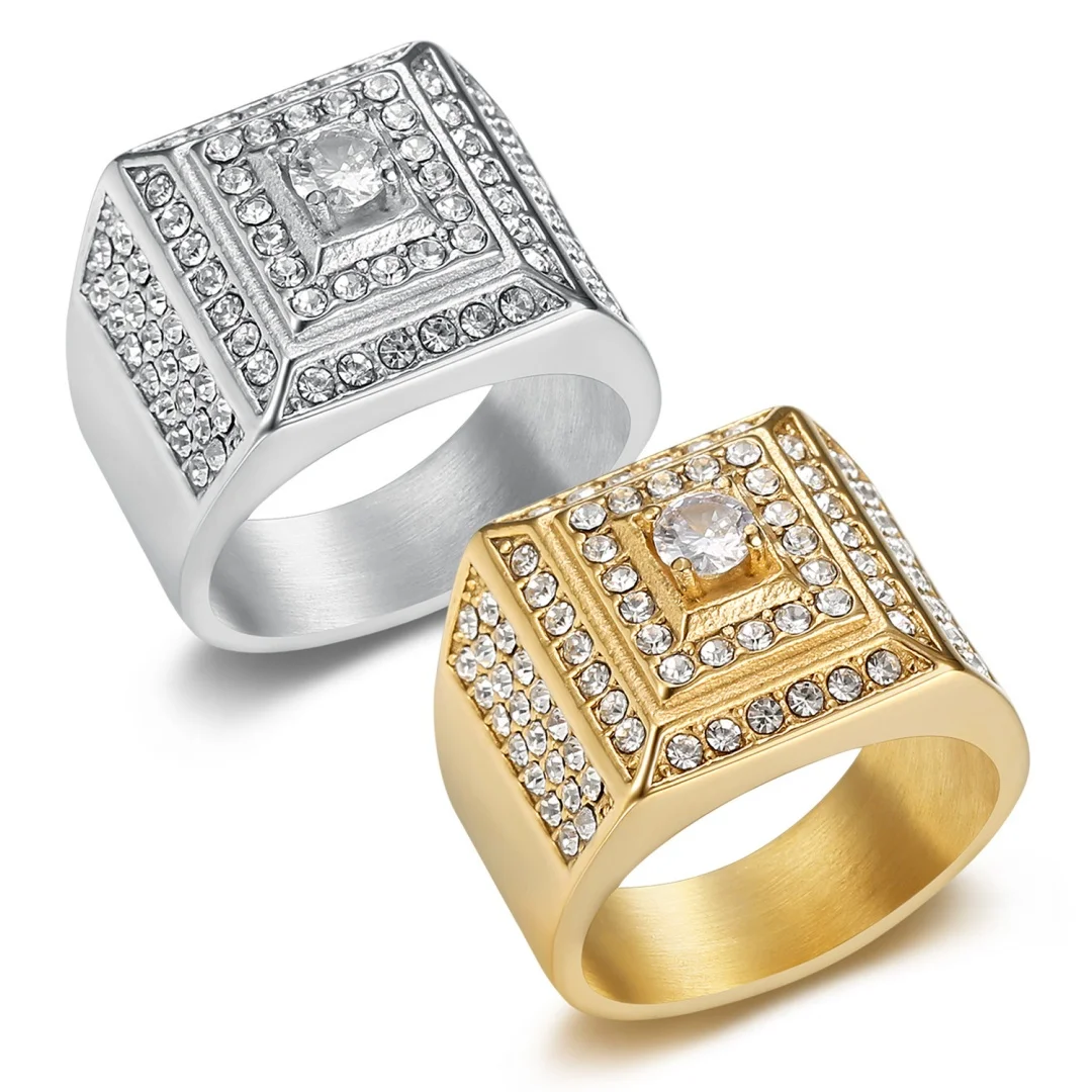 

Men's Ring Chunky Gold Silver Color Stainless Steel Crystal Zircon Big Square Rapper Rings for Man Luxury Jewelry Dropshipping