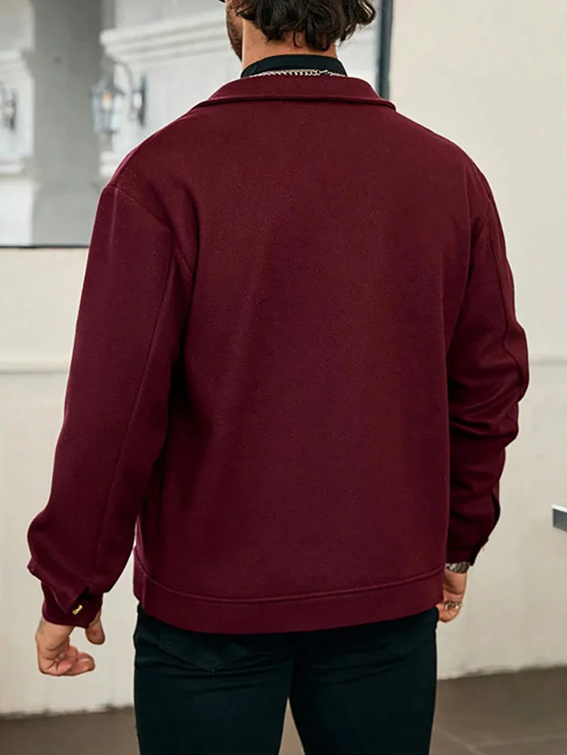 Herrenjacke aus gebürstetem Polyester, Reversjacke mit Knopfleiste/Reißverschluss und Tasche, bequeme, lässige Herbst- und Winterjacke für Büro und Business – Detail 14