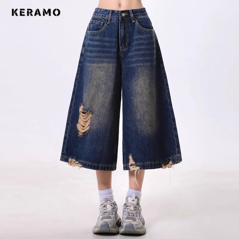 

Vintage Ripped Harajuku Loose Fit Jeans Y2K Damage Emo Trashy Calf-Length Pants Women's Kpop Baggy Washed Denim Trouser