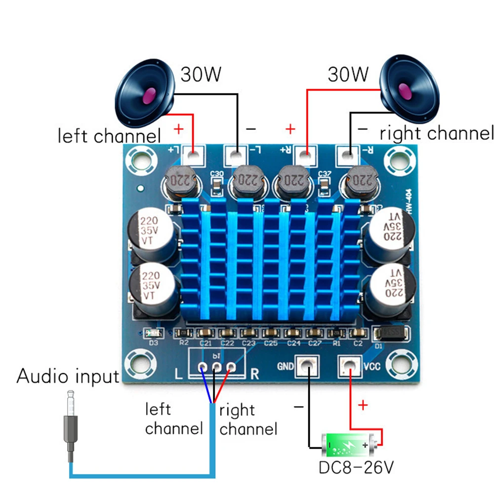 30W+30W 2.0 Channel Digital Stereo Audio Power Amplifier Board DC 8-26V 3A TPA3110 For Arduino XH-A232