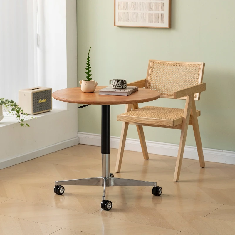 

Nordic cherry wood side table with wheels mobile solid wood lifting small coffee table medieval home living room