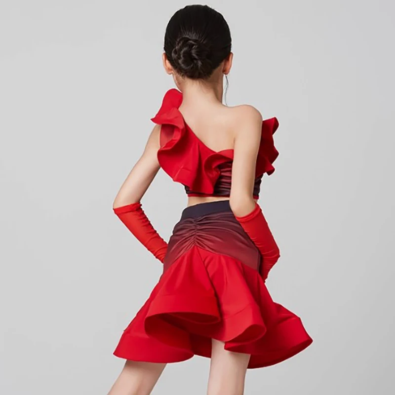 Kinder Mädchen Latin Dance One Shoulder Rüschen Top und Rock Farbverlauf Ballsaal Rumba Dancewear Training Chacha Performance Kostüme