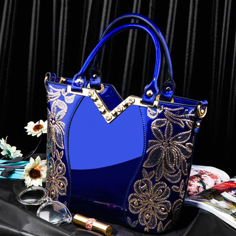 AMELISH Luxury Bag for Women 2024 High Quality Patent Leather Flower Embroidery Diamond Tote Handbag Fashion Female Shoulder Bag