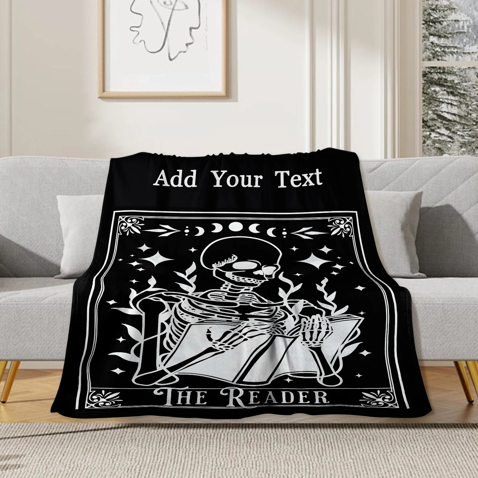 

Vintage Quirky Custom Blanket Skull Man Loves to Read Halloween Holiday Home Decor Sofa Bedroom Office Lunch Break Available