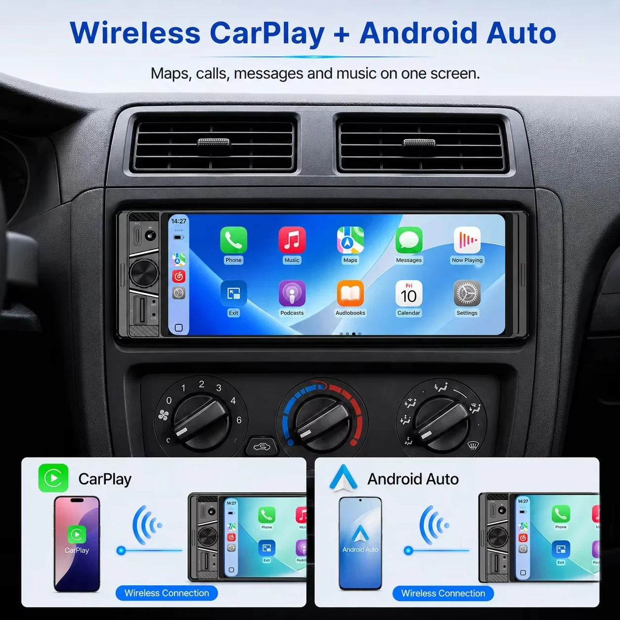 Car Radio 6.36 Inch 1 DIN Touchscreen 1280x480 Wireless CarPlay Android Auto FM MP5 Player Car Stereo Multimedia Head Unit