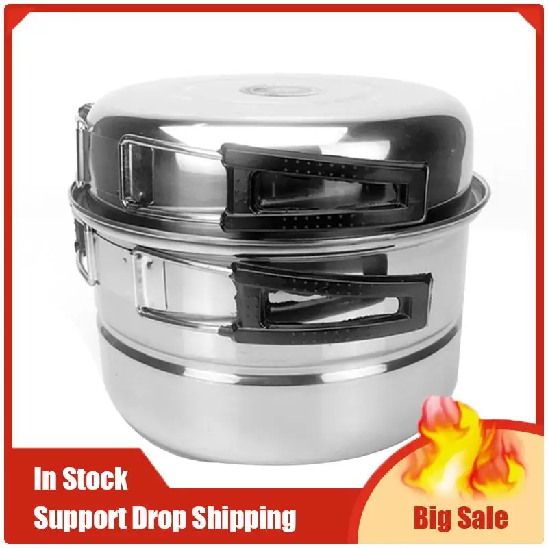 A35F جديد 3 قطعة مجموعة التخييم في الهواء الطلق نزهة وعاء الفولاذ المقاوم للصدأ تجهيزات المطابخ نزهة مجموعة أدوات الطبخ مجموعة ل 2-3 أشخاص (فضي)