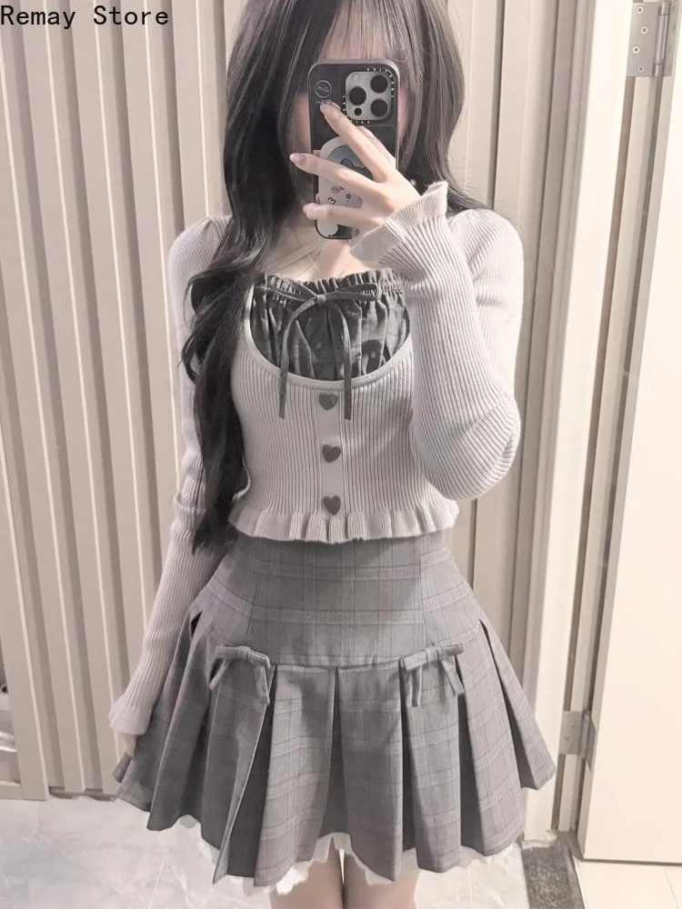 New Autumn French Elegant Fashion 2 Piece Set Women Fit Chic Coat + Mini Cake Skirt Vintage Y2k Aesthetic Princess Retro Outfits