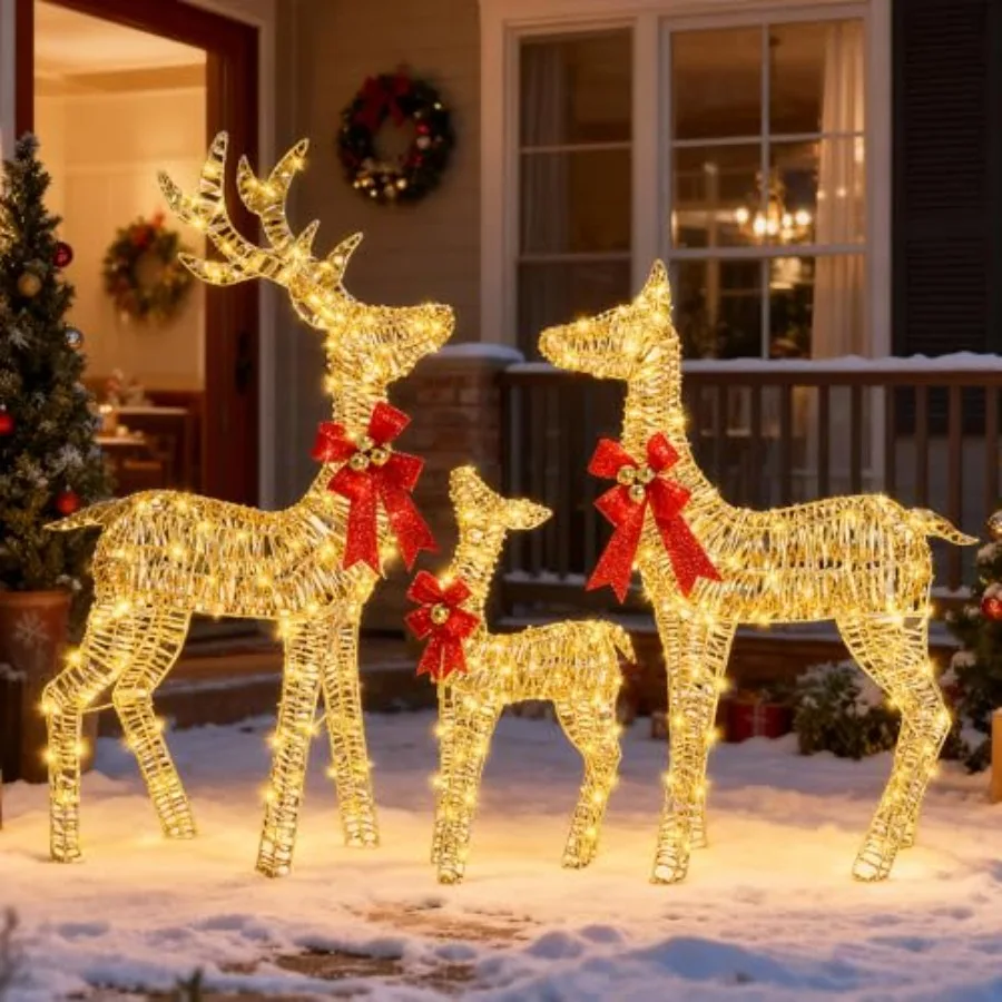 

Outdoor yard decoration: pre-lit 3D deer family set metal PVC warm white 350 lights weather-resistant for patio/lawn/garden
