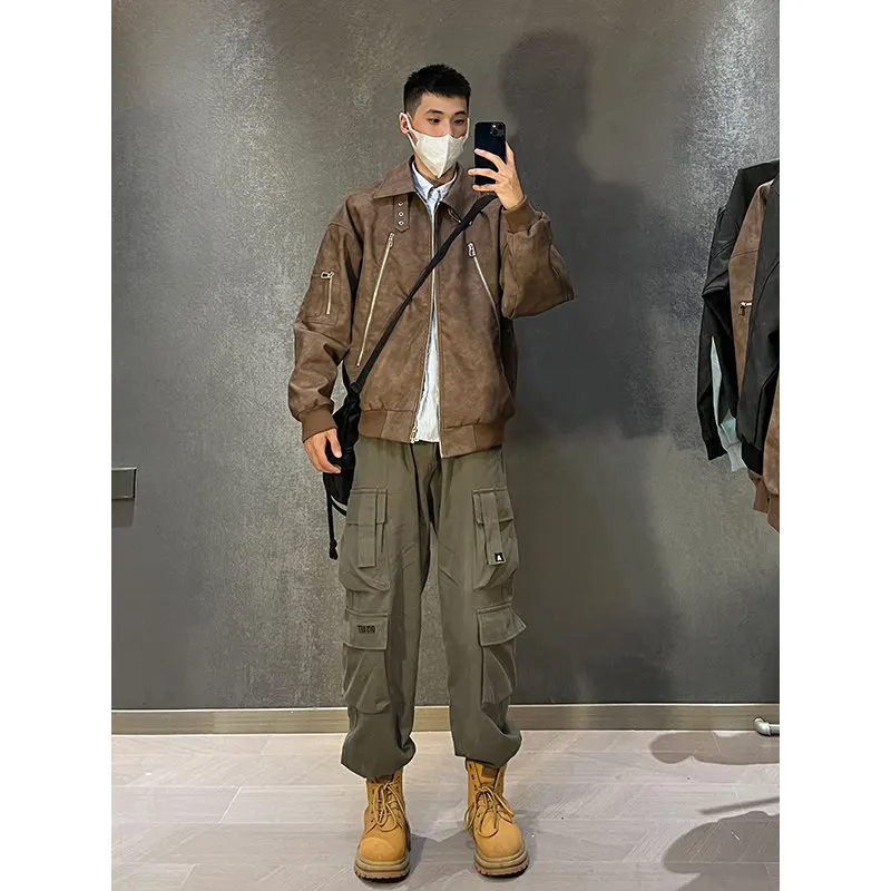 

Retro American Brown PU Leather Jaet Men's Sle Spring Autumn High Sensation Motorcycle Coat Trendy Pilot Jaet