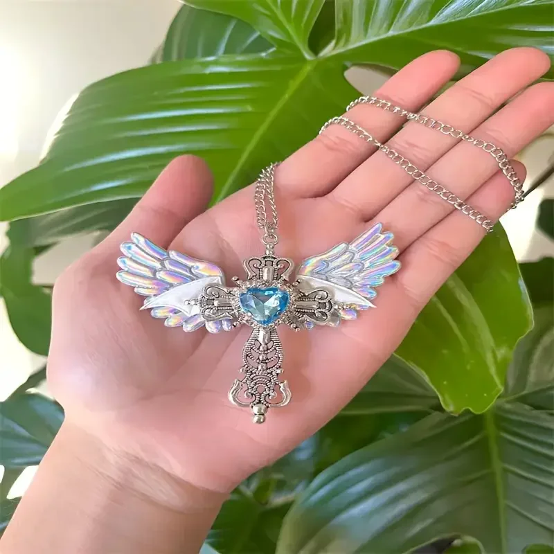 Y2K Inspired Gothic Wings and Cross Pendant Punk Choker Necklace, Heart Shaped Faux Zirconia - Valentine's Day Gift