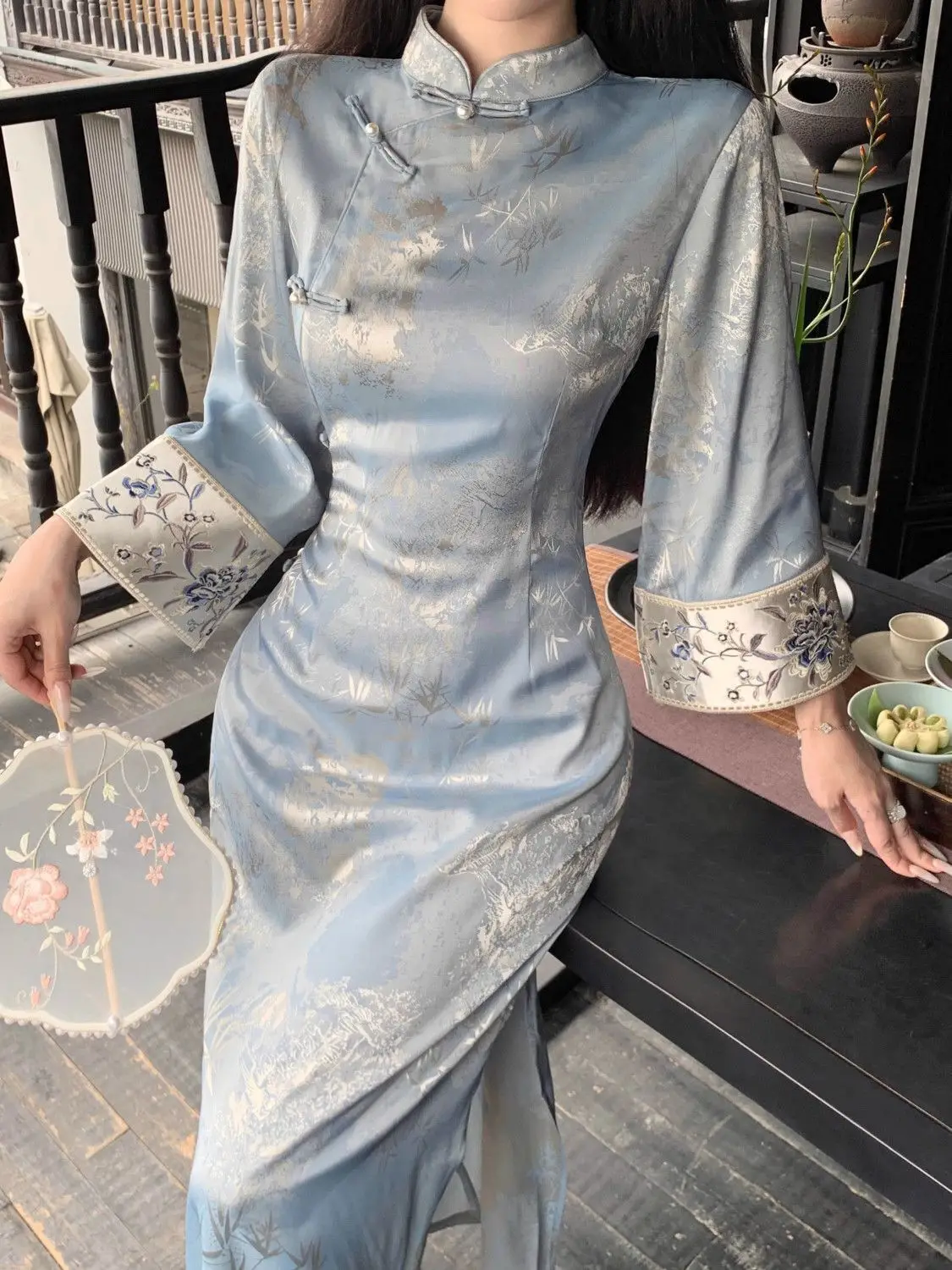 

Новое синее жаккардовое платье с вышивкой в китайском стиле, тонкое платье Cheongsam с перевернутыми рукавами и бамбуковым листом, винтажное платье Qipao для женщин