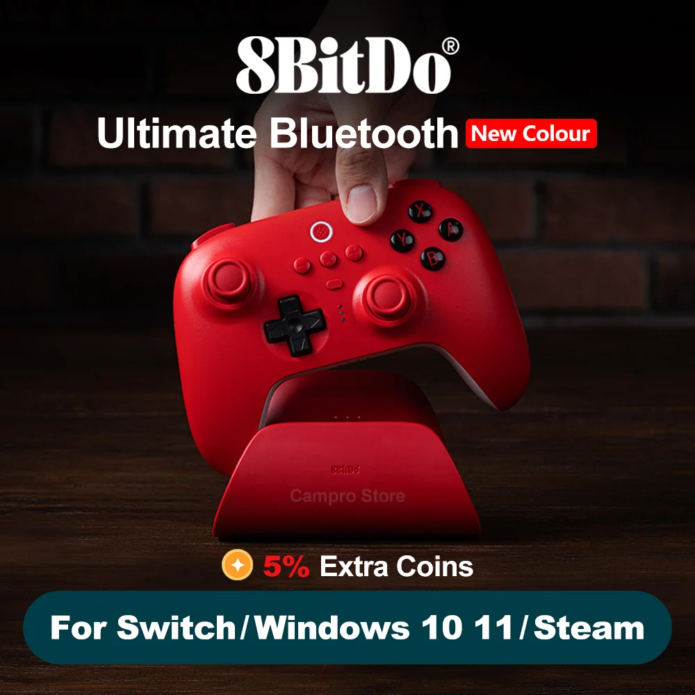 8bitdo Ultimate Bluetooth PC Nintendo SWITCH คอนโทรลเลอร์เกมแพดพร้อมแท่นชาร์จสีใหม่มีสีแดงสีน้ำเงิน