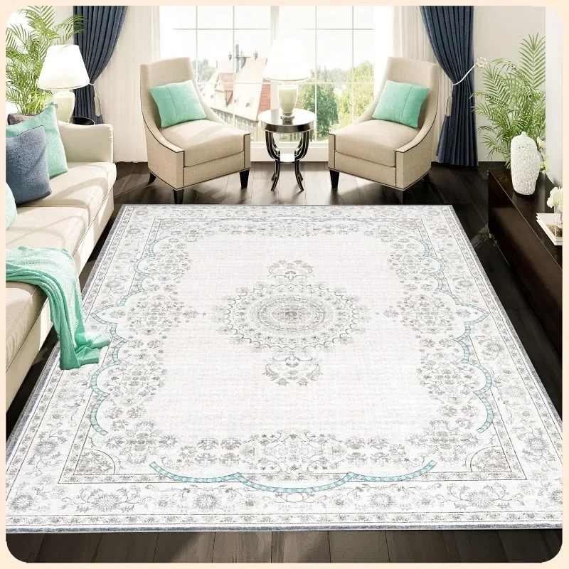 Tapis Pliables Lavables Crème et Bleu, 9x12, Degré Teinté, Salon