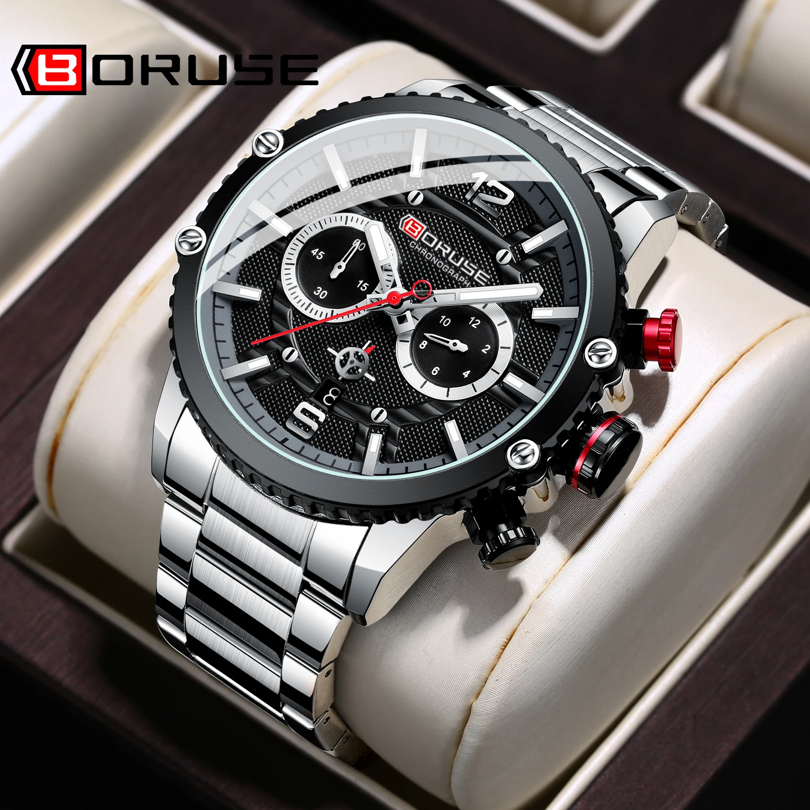 BORUSE New Sport Chronograph Mens Watches Luxury Stainless Steel Quartz Clock Waterproof Big Dial Watch Men Relogio Masculino