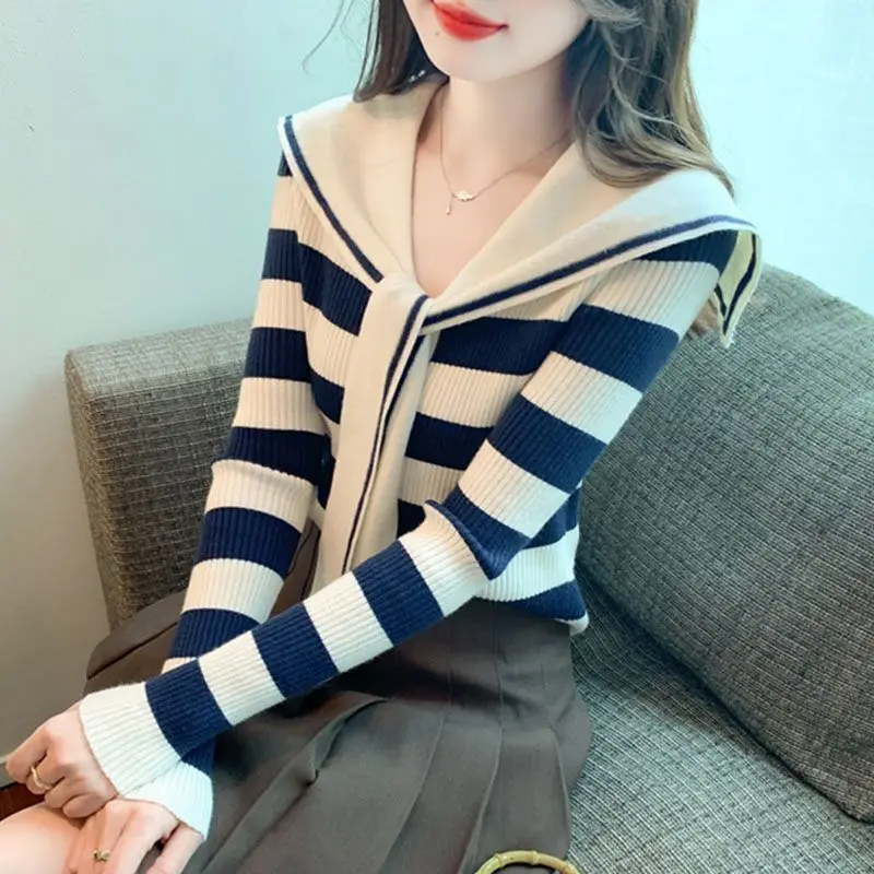 Sweter w paski z kołnierzem marynarskim, damski, jesienno-zimowy, nowy, koreański, patchworkowy, dzianinowy, wąski, dopasowany top Tee, odzież damska