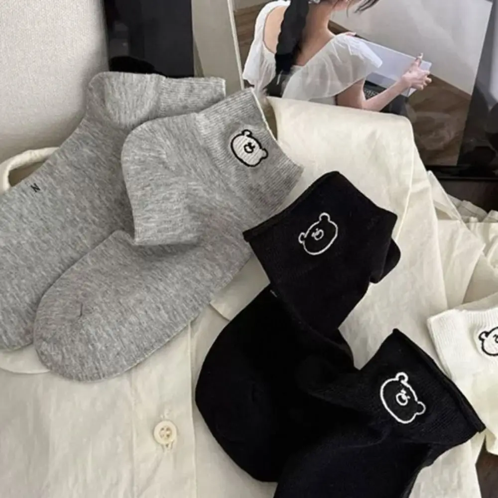 3Pairs Cute Thin Embroidered Bear Socks Ins Style Sweet Sweet Ankle Socks Kawaii Female Hosiery Short Tube Socks Women Girl