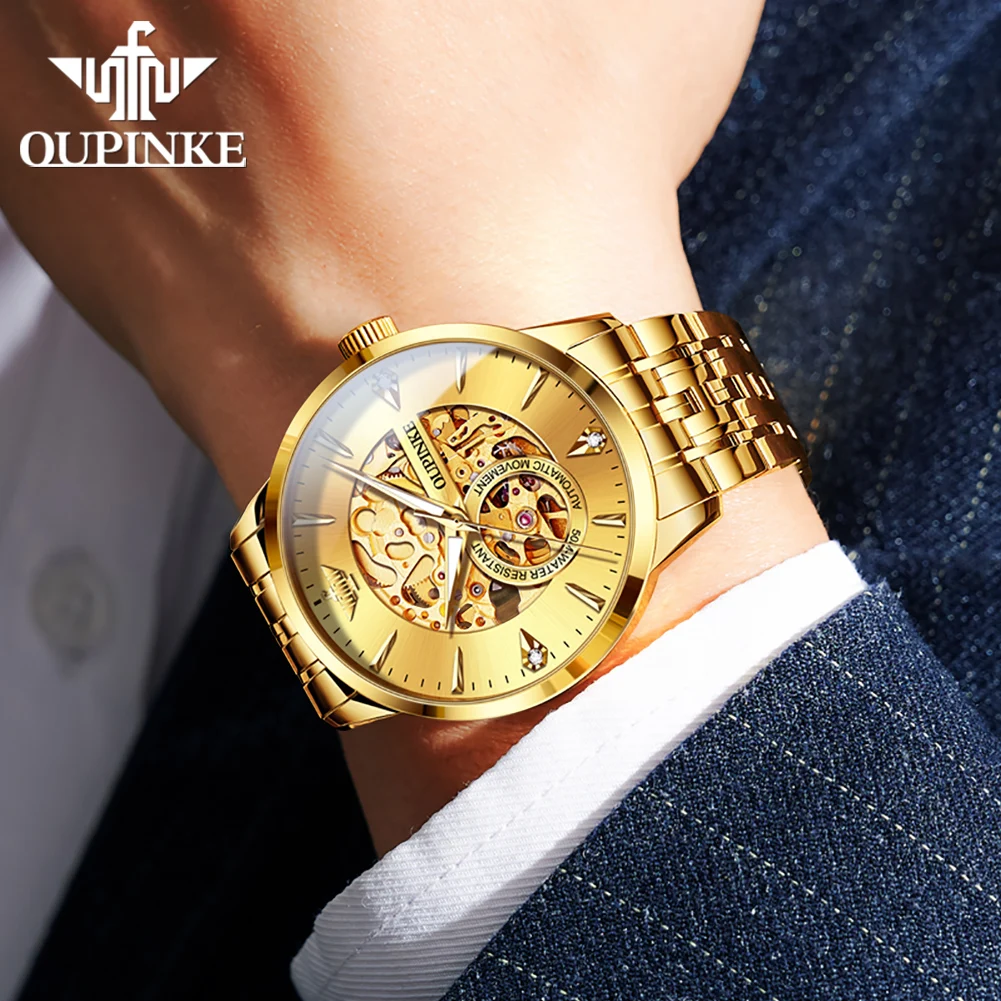 OUPINKE 3308 ساعات ميكانيكية أوتوماتيكية للرجال مستوردة من اليابان حركة مجوفة مينا ذهبي ساعة رجالية فاخرة