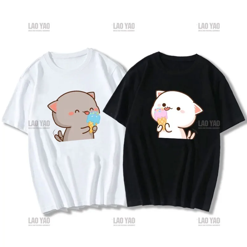 Peaches ash ash Short-sleev T-shirt Peach and ash ash Cosplay Cow Doing Sports Funny Cartoon Tees Harajuku Couple Tshirt Camisa