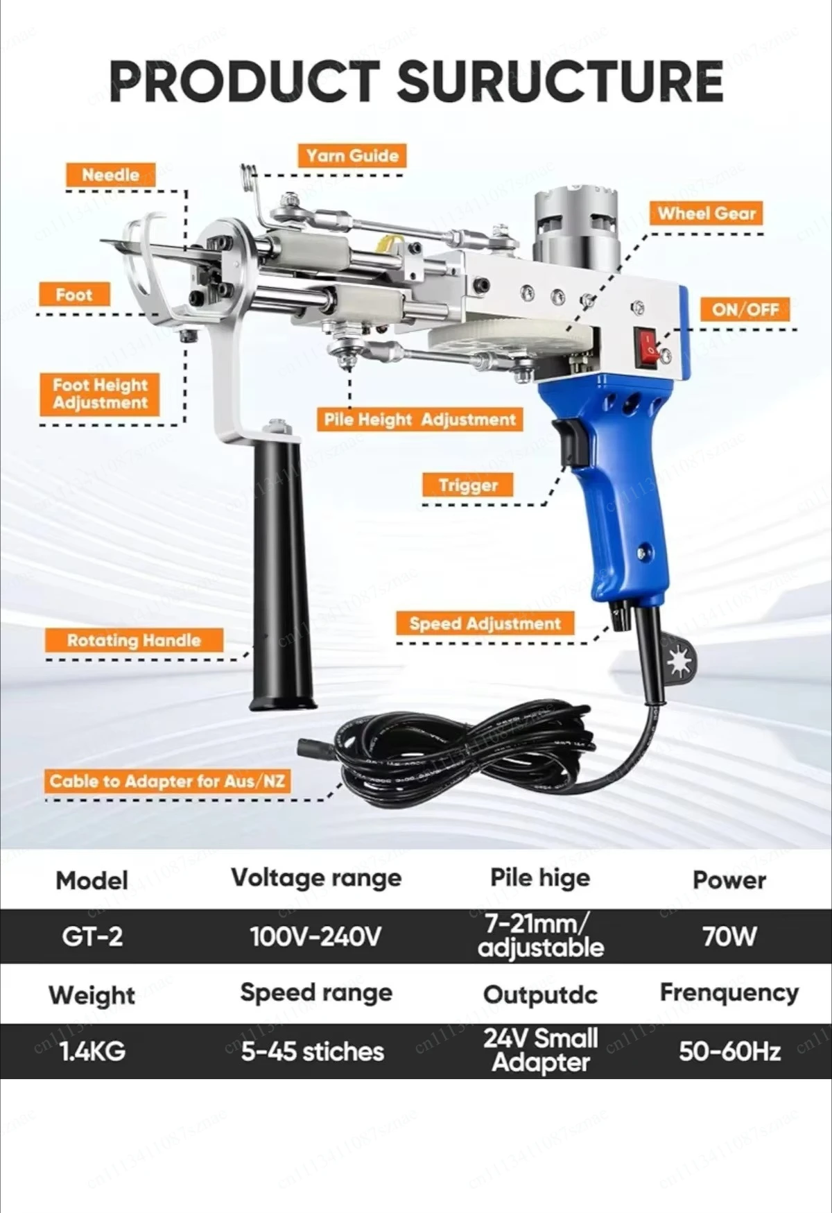 GT-2 2-in-1 Tufting Gun Manual Electric Carpet Weaving Machine Electromechanical Knitting Gun for DIY Carpet Rug Making