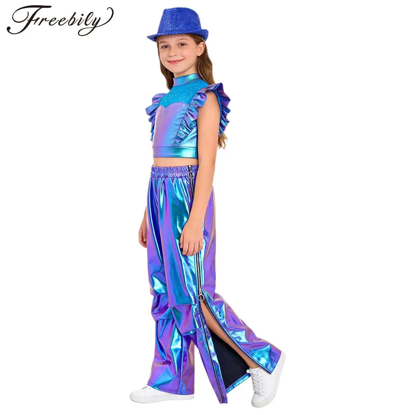 

Комплект для девочек: блестящий металлический укороченный топ на молнии, брюки с отрывными элементами, шляпа с пайетками. Костюм для джазовых и хип-хоп танцев, диско-наряд.