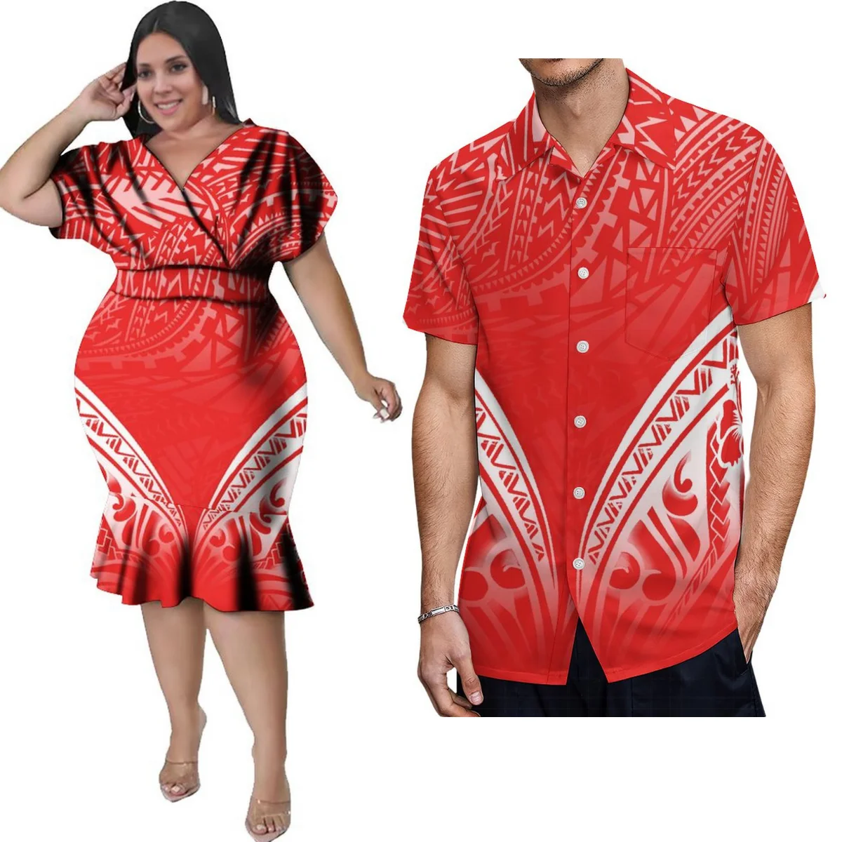 Summer Custom Women'S Dress Samoa New Style Temperament Women'S V-Neck High-Waisted Mermaid Dress Polynesian Island Men'S Shirt