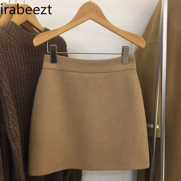 

2024 Autumn and Winter New Fat Women Khaki Wool High Waist Half Skirt All Match Thin Regulai Fit Falda Aesthetic