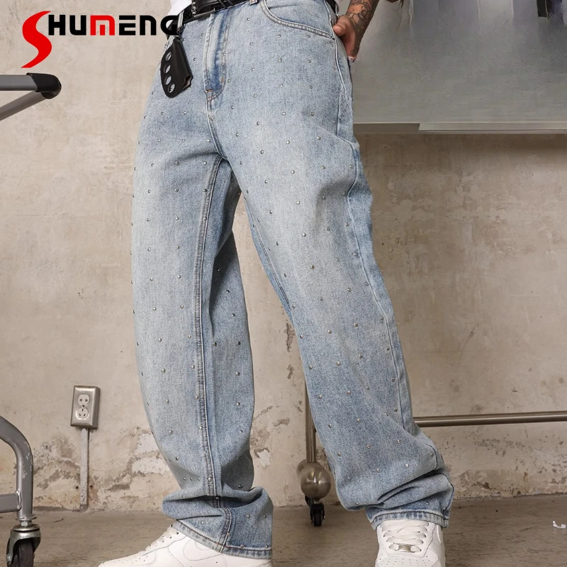 

Модные прямые свободные шикарные джинсы с заклепками, мужские летние 2024, новые нишевые модные длинные джинсовые брюки, мужские стильные красивые джинсовые брюки