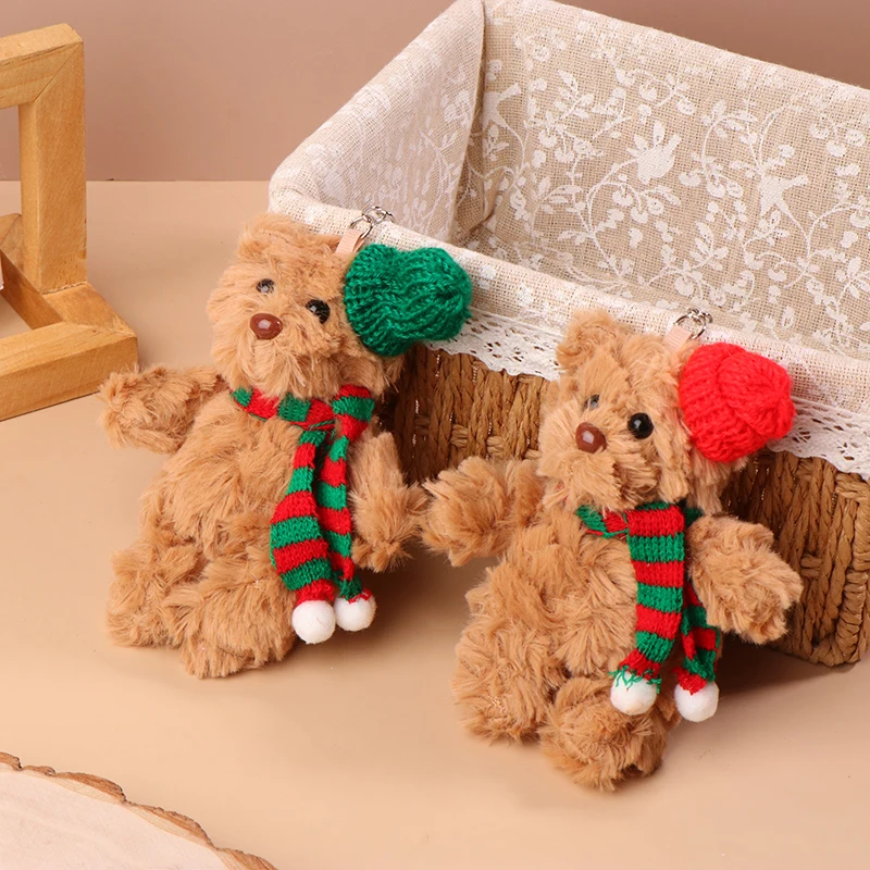 Urso de natal brinquedo de pelúcia dos desenhos animados urso chaveiro de pelúcia animal chaveiro bonito mochila pingente decoração presentes de natal