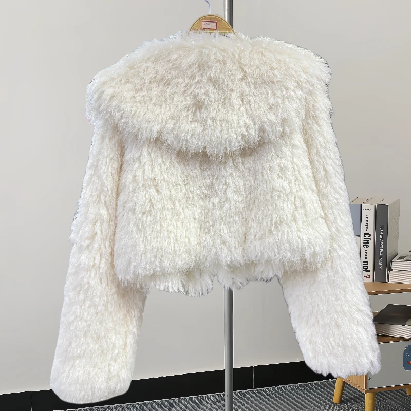 Winter Korean Casual Big Lapel Long Sleeve Faux Wool Fur Jacket Women Short Cardigan Beige Gray Coffee Color Imitation Fur Coat