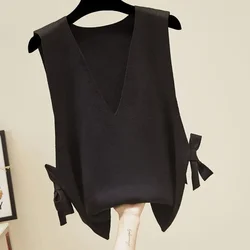 V-neck Red Knit Tops For Woman Black Women's Sweater Vest Modern Streetwear Cold Winter Trend Unique Offers Jumper Korean Style