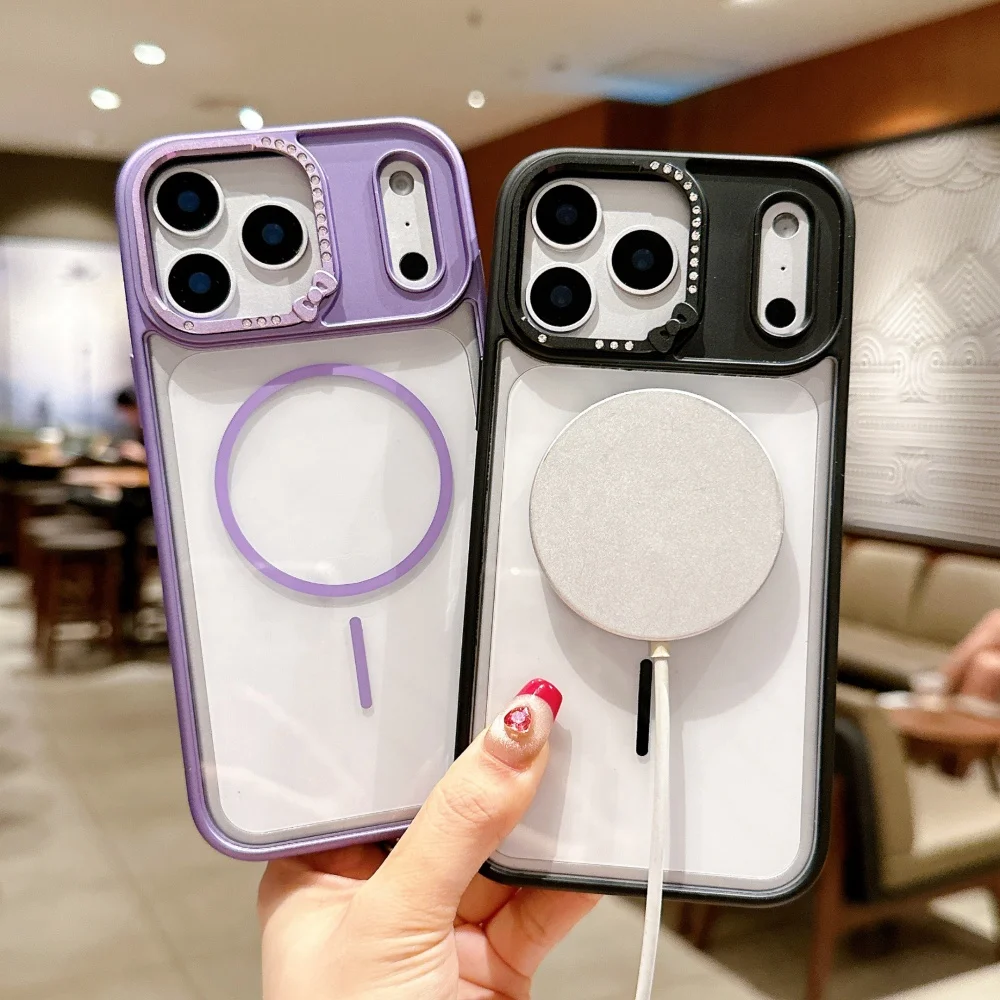 Luxury for Magsafe Transparent  Hard Acrylic Case for iPhone 17 Air 16 15  14 Plus 13 Pro Max Camera Lens Diamond Protect Cover