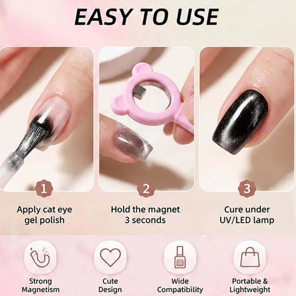 Cat Eye Nail Magnet 2-in-1 Bear Silicone Ring Magnetic Stick Create Black Hole Love Light Effect DIY Gel Manicure Nail Art Tool view 6