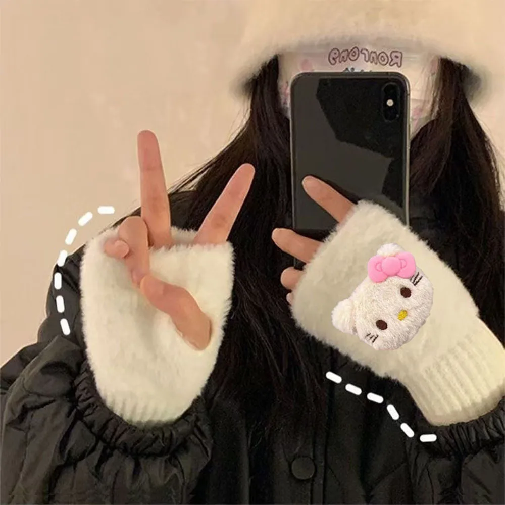 

Ladies' Cute Hello Kitty Half Finger Gloves Fleece-Lined Touchscreen Knitted Gloves Fingerless Gloves Winter Warm Wrist Mittens